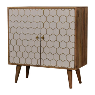 Ivory Display Cabinet White Lacquered Brass Honeycomb Inlay Twin-Door Natural Oak