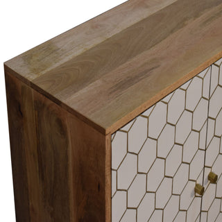Ivory Display Cabinet White Lacquered Brass Honeycomb Inlay Twin-Door Natural Oak