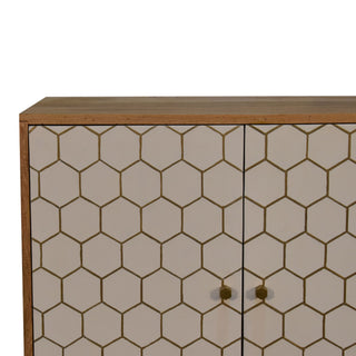 Ivory Display Cabinet White Lacquered Brass Honeycomb Inlay Twin-Door Natural Oak