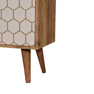 Ivory Display Cabinet White Lacquered Brass Honeycomb Inlay Twin-Door Natural Oak