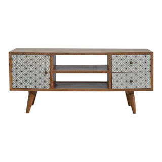 Kibo TV Media Unit Oak Mango Wood Star-Pattern Cabinet Door & Drawers with Nordic Legs