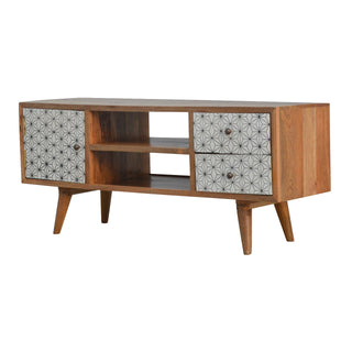 Kibo TV Media Unit Oak Mango Wood Star-Pattern Cabinet Door & Drawers with Nordic Legs