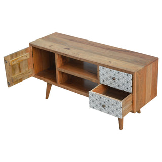 Kibo TV Media Unit Oak Mango Wood Star-Pattern Cabinet Door & Drawers with Nordic Legs