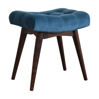 Petite Upholstered Bench Teal Velvet Deep Button Tufted Curved Saddle Mini Footstool