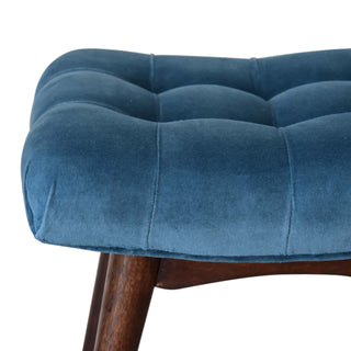 Petite Upholstered Bench Teal Velvet Deep Button Tufted Curved Saddle Mini Footstool