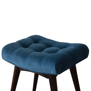 Petite Upholstered Bench Teal Velvet Deep Button Tufted Curved Saddle Mini Footstool