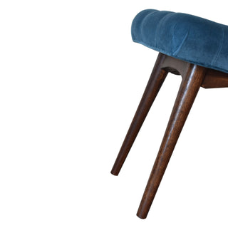 Petite Upholstered Bench Teal Velvet Deep Button Tufted Curved Saddle Mini Footstool