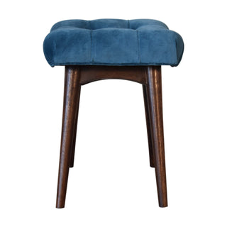 Petite Upholstered Bench Teal Velvet Deep Button Tufted Curved Saddle Mini Footstool