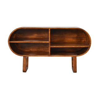 Orbit Media Unit Chestnut Mango Wood Deep Pill-Shaped Open Shelves with U-Shape Sled Base