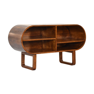 Orbit Media Unit Chestnut Mango Wood Deep Pill-Shaped Open Shelves with U-Shape Sled Base
