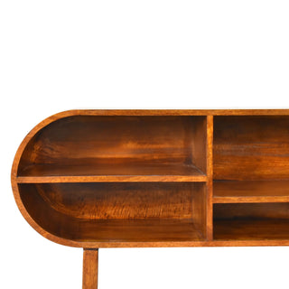 Orbit Media Unit Chestnut Mango Wood Deep Pill-Shaped Open Shelves with U-Shape Sled Base