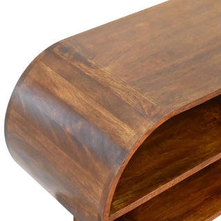 Orbit Media Unit Chestnut Mango Wood Deep Pill-Shaped Open Shelves with U-Shape Sled Base