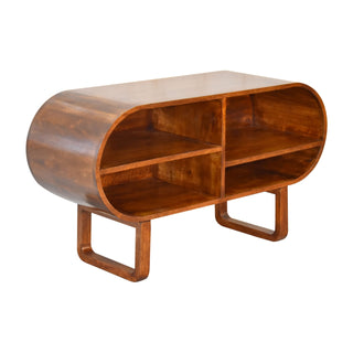 Orbit Media Unit Chestnut Mango Wood Deep Pill-Shaped Open Shelves with U-Shape Sled Base