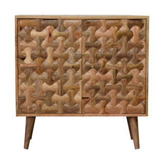 Nexus Display Cabinet Interlocking Hourglass 3D Relief Carved Natural Oak Twin-Door