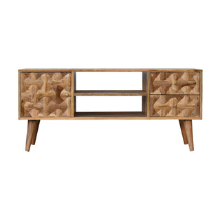 Apex Media Unit Natural Oak Mango Wood 3D Pyramid Relief Carved Drawers & Cabinet with Nordic Legs