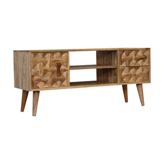 Apex Media Unit Natural Oak Mango Wood 3D Pyramid Relief Carved Drawers & Cabinet with Nordic Legs