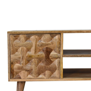 Apex Media Unit Natural Oak Mango Wood 3D Pyramid Relief Carved Drawers & Cabinet with Nordic Legs