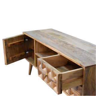 Apex Media Unit Natural Oak Mango Wood 3D Pyramid Relief Carved Drawers & Cabinet with Nordic Legs