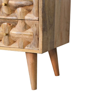 Apex Media Unit Natural Oak Mango Wood 3D Pyramid Relief Carved Drawers & Cabinet with Nordic Legs