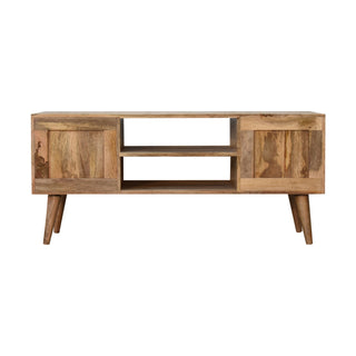 Apex Media Unit Natural Oak Mango Wood 3D Pyramid Relief Carved Drawers & Cabinet with Nordic Legs