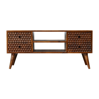 Brio Media Unit Chestnut Mango Wood Circular Bubble-Relief Carved Doors with Nordic Legs