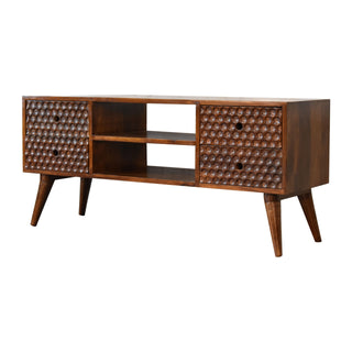 Brio Media Unit Chestnut Mango Wood Circular Bubble-Relief Carved Doors with Nordic Legs