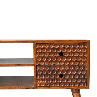 Brio Media Unit Chestnut Mango Wood Circular Bubble-Relief Carved Doors with Nordic Legs