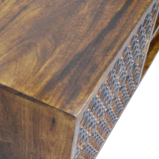 Brio Media Unit Chestnut Mango Wood Circular Bubble-Relief Carved Doors with Nordic Legs