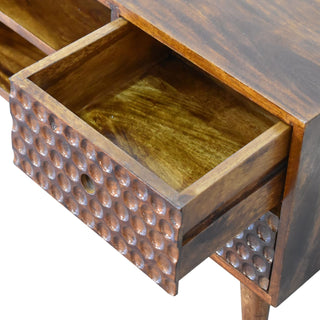 Brio Media Unit Chestnut Mango Wood Circular Bubble-Relief Carved Doors with Nordic Legs