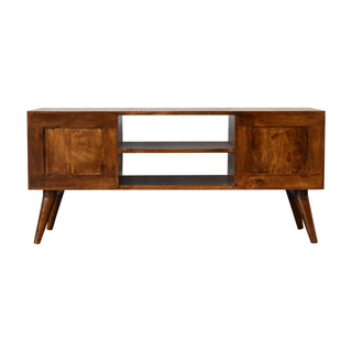 Brio Media Unit Chestnut Mango Wood Circular Bubble-Relief Carved Doors with Nordic Legs