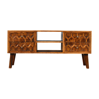 Deco Media Unit Chestnut Finish Art Deco Carved Brass Knobs