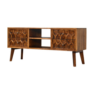 Deco Media Unit Chestnut Finish Art Deco Carved Brass Knobs