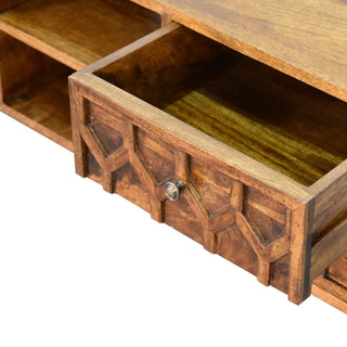 Deco Media Unit Chestnut Finish Art Deco Carved Brass Knobs