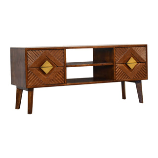 Indra Media Unit Chestnut Finish Ridged Brass Diamond Inlay Doors