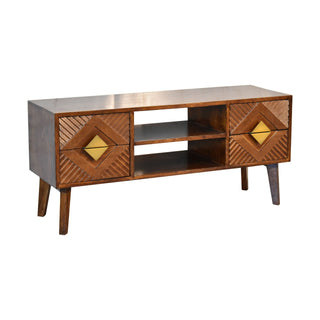 Indra Media Unit Chestnut Finish Ridged Brass Diamond Inlay Doors