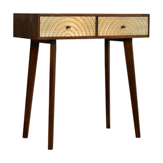 Oria Console Table with Drawers Perforated Brass Sheet Chestnut Wood