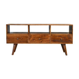 Idris Media Unit Chestnut Finish Triple Drawer Open Shelving