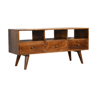 Idris Media Unit Chestnut Finish Triple Drawer Open Shelving