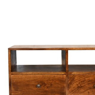 Idris Media Unit Chestnut Finish Triple Drawer Open Shelving