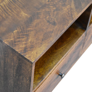 Idris Media Unit Chestnut Finish Triple Drawer Open Shelving
