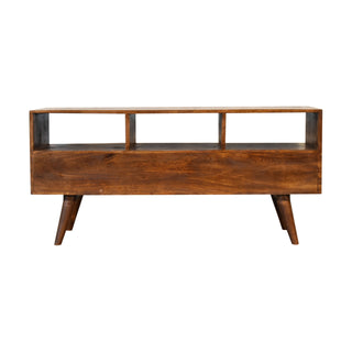 Idris Media Unit Chestnut Finish Triple Drawer Open Shelving