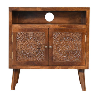 Calam Display Cabinet Open Shelf Mandala Carved Twin-Door Chestnut
