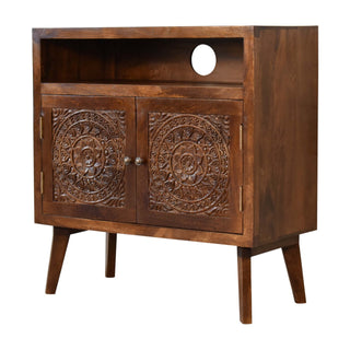 Calam Display Cabinet Open Shelf Mandala Carved Twin-Door Chestnut