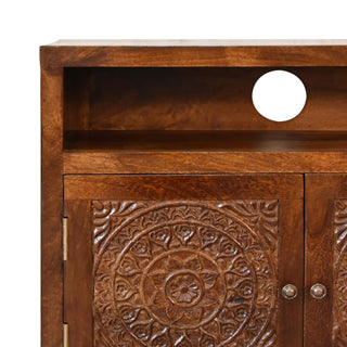 Calam Display Cabinet Open Shelf Mandala Carved Twin-Door Chestnut