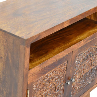 Calam Display Cabinet Open Shelf Mandala Carved Twin-Door Chestnut