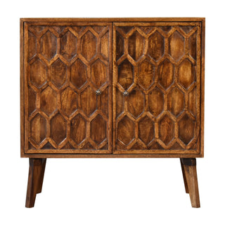 Hexa Display Cabinet Bold Geometric Hexagonal Relief Carved Chestnut Twin-Door