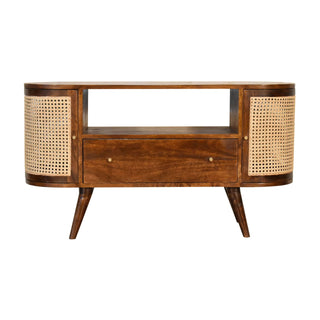 Cana Media Unit Chestnut Mango Wood Natural Rattan Woven Cabinet Doors with Nordic Tapered Legs