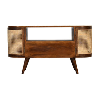 Cana Media Unit Chestnut Mango Wood Natural Rattan Woven Cabinet Doors with Nordic Tapered Legs