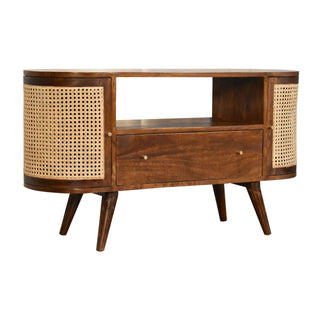 Cana Media Unit Chestnut Mango Wood Natural Rattan Woven Cabinet Doors with Nordic Tapered Legs