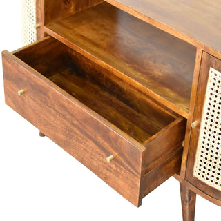 Cana Media Unit Chestnut Mango Wood Natural Rattan Woven Cabinet Doors with Nordic Tapered Legs